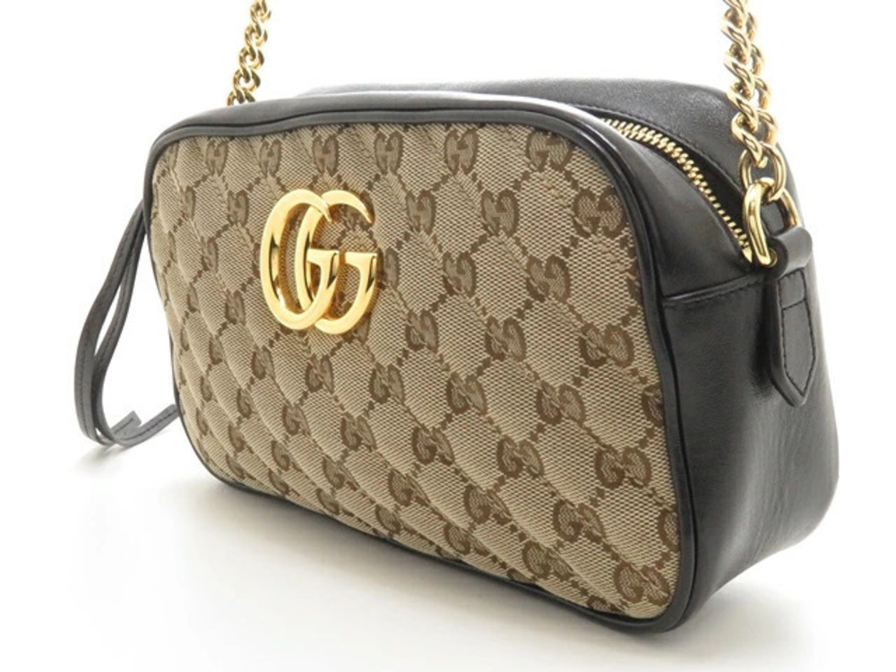 Gucci Chain Shoulder Leather Canvas GG Marmont Bag Black